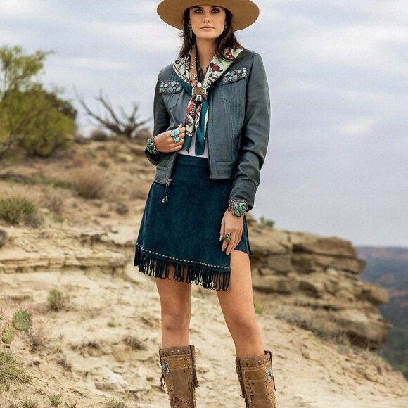 NWT Double D Ranch Faux Suede Fringe "Signs" Skort in Lake Breeze - Picture 2 of 12